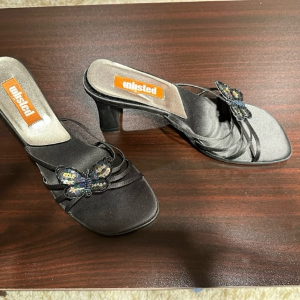 Size 10 Unlisted Black Satin / Butterfly Sequin Strappy Sandals / 3" Heels